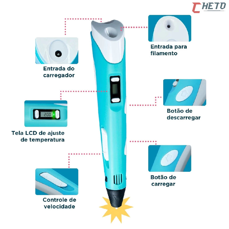 Caneta 3D Impressora Infantil e Adulto - Seguro para Crianças - FRETE GRÁTIS